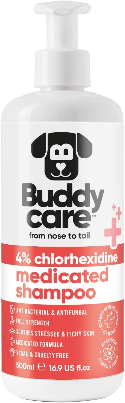 Buddycare Pet Antiseptic Chlorhexidine Medicated Shampoo for Dogs & Cats - 500ml - 4% Chlorhexidine Antibacterial & Antifungal Formula - Soothes Itchy & Irritated Skin