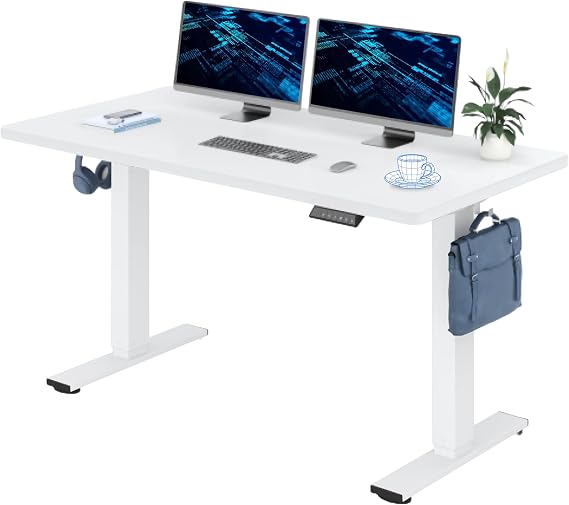FLEXISPOT 140x80cm Electric Standing Desk Height Adjustable Desk ONE PIECE Sit Stand Desk Stand Up Desk with Memory Smart Pannel (White Frame+White Desktop)