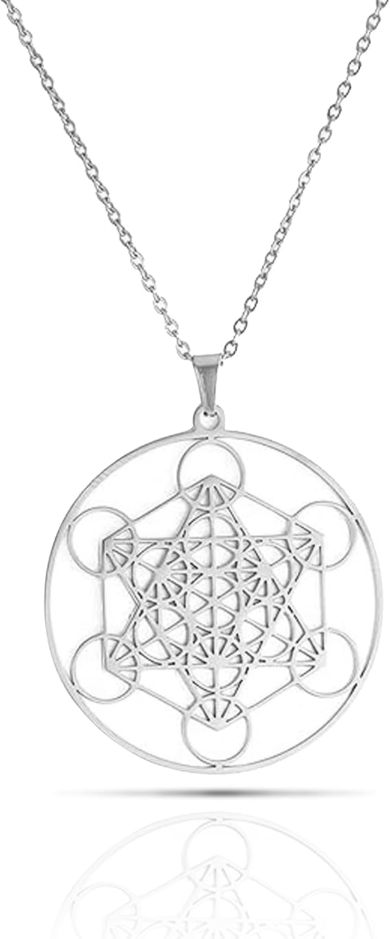 Metatron's Cube ネックレス レディース メンズ 神聖な大天使 王 ソロモンシール 天使 チェーン ネックレス 男性用 ステンレススチール 幾何学模様 くり抜かれたチャーム ペンダント お守りジュエリー, ステンレス鋼, 宝石なし