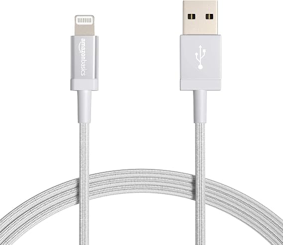 Amazon Basics USB-A to Lightning Charger Cable, Nylon Braided Cord, MFi Certified Charger for Apple iPhone 14 13 12 11 X Xs Pro, Pro Max, Plus, iPad, 1.8 m, Silver