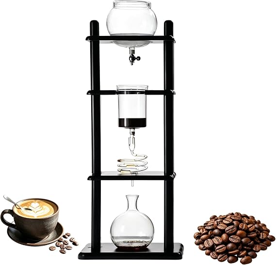 Cold Brew Maker, Large Capacity 1000ml Iced Coffee Maker with Vertical Glass Container and Wood Stand for Home and Office Use