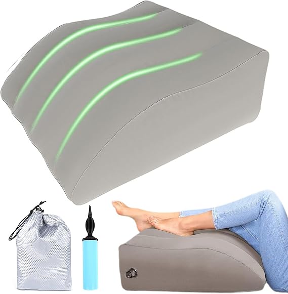 Inflatable Leg Elevating Pillow & Foot Rest - Grey Ergonomic Wedge Pillow for Swelling, Blood Circulation & Back Pain Relief, Portable with Pump & Storage Bag