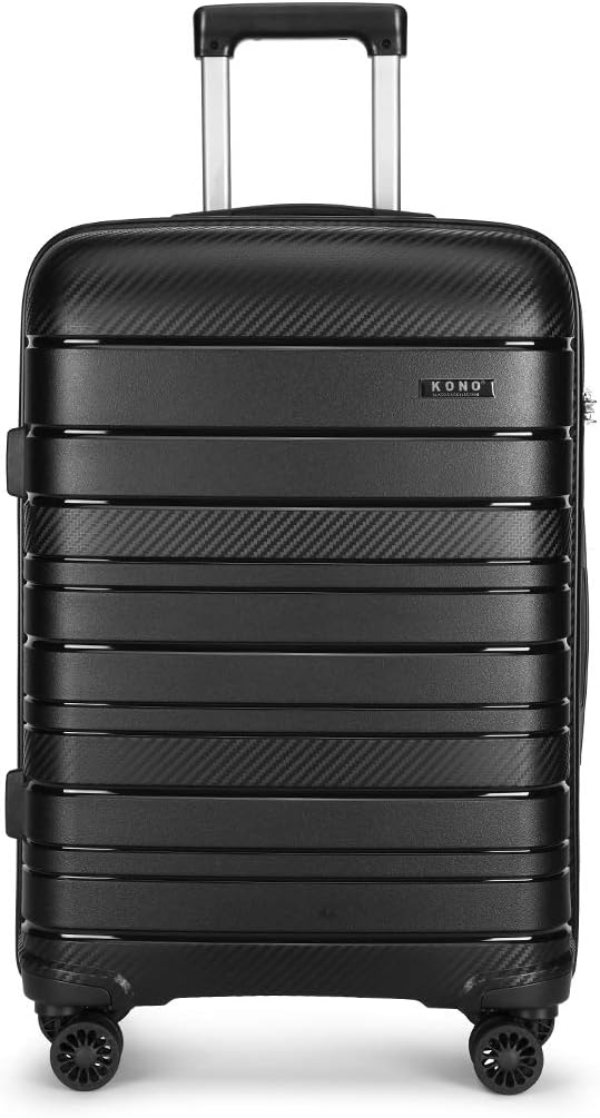 Kono Medium Hard Shell Suitcase 24 Inch Lightweight PP Material Carry On Trolley Case Travel Hand Luggage with TSA Lock 4 Spinner Wheels(Black, M(65cm, 52L))