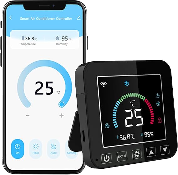 Smart Air Conditioner Controller: WiFi Thermostat for Home, Programmable Thermostat with Temp Humidity Sensor, Smart IR AC Control for Portable, Window AC & Heat Pumps, Compatible with Alexa, Google