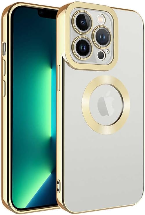 Apple iPhone 14 Pro Max ile Uyumlu Kamera Lens Korumalı, Logo Görünür Halkalı, Luxury Şeffaf Kapak, Gold