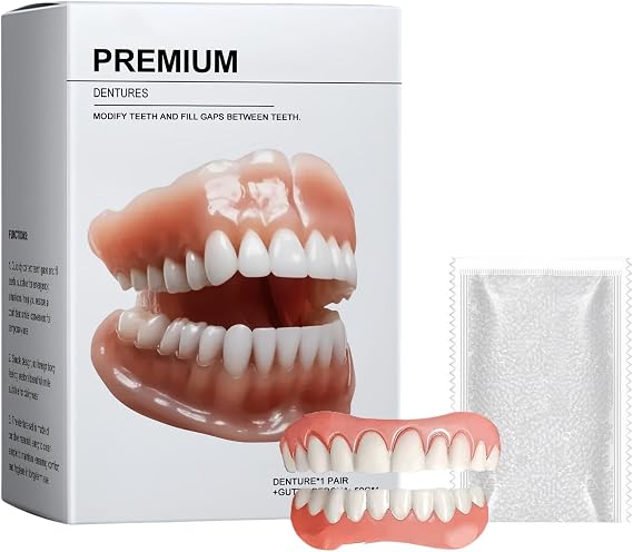 1 Pair Full Denture Set,Advanced Customized Full Dentures Set,Denture False Teeth for Women and Men,Silicone Reline Denture Set,Clip On Veneers Top and Bottom,Soft & Safe,Temporary Tooth Repair Kit