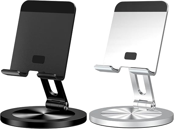 Phone Stand for Desk, 360° Rotating Dual Adjustable Foldable Cell Phone Holder, Heavy Solid All-Aluminum Base Anti-Slip Stable Support for Home Office Study, Fits iPhone Galaxy 4-8" Phones