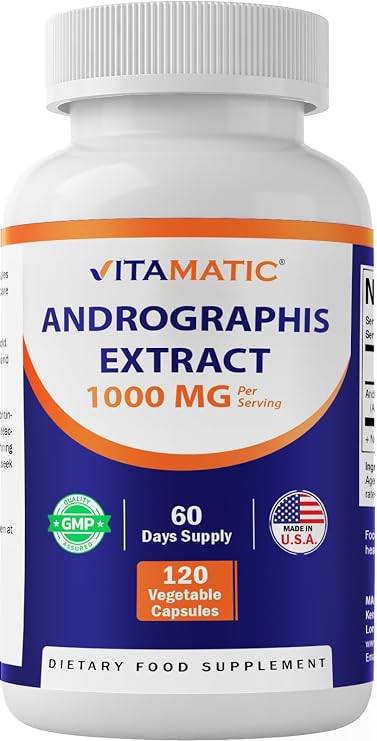 Vitamatic Andrographis Extract 1000 mg Per Serving - 120 Veg Capsules - 20X Extract, 100% Vegetarian, All-Natural, Gluten Free, Non-GMO