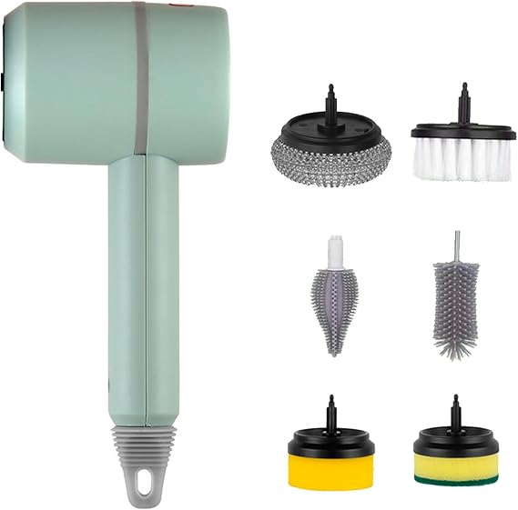 Cordless Electric Spin Scrubber, Electric DishGun Cleaning Brush, with 6 Replaceable Brush Heads Power Scrubber, for Bathroom Floor Window Kitchen Sink Dish Pot (Green)
