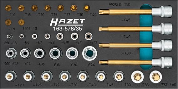 Hazet Screwdriver Socket Set Torx 163-587/35, 35 Pieces, with 1/4 and 1/2 Inch Square, Internal and External Torx, Sizes E6-E24 and T8-T50 for Versatile Applications