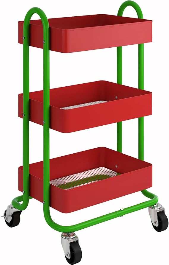 3-Tier Utility Rolling Cart,Kitchen Storage Carts with Wheels,Metal Rolling Cart for Office,Home,Kitchen,Garden（13.4"x18.1"x31"） Red+Green