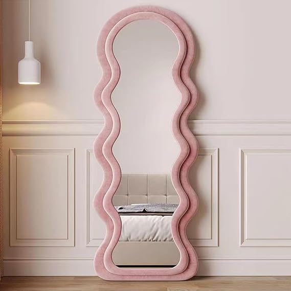 Irregular Wavy Full Length Mirror, Wavy Floor Mirror, Flannel Wrapped Wooden Frame Standing Mirror Full Length Mirror, for Bedroom, Living Room, Shopping Mall,Pink,170 * 70cm