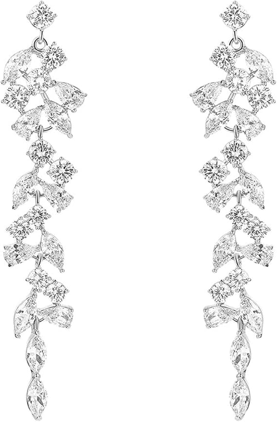 Silver Diamond Dangle Earrings for Women, Long Chain Chandelier Drop Crystal Earrings, Tassel Drop Earrings with Rhinestone Leaf Design for Girls,Elegant Diamante Drop Earrings for Bridal,Prom&Parties