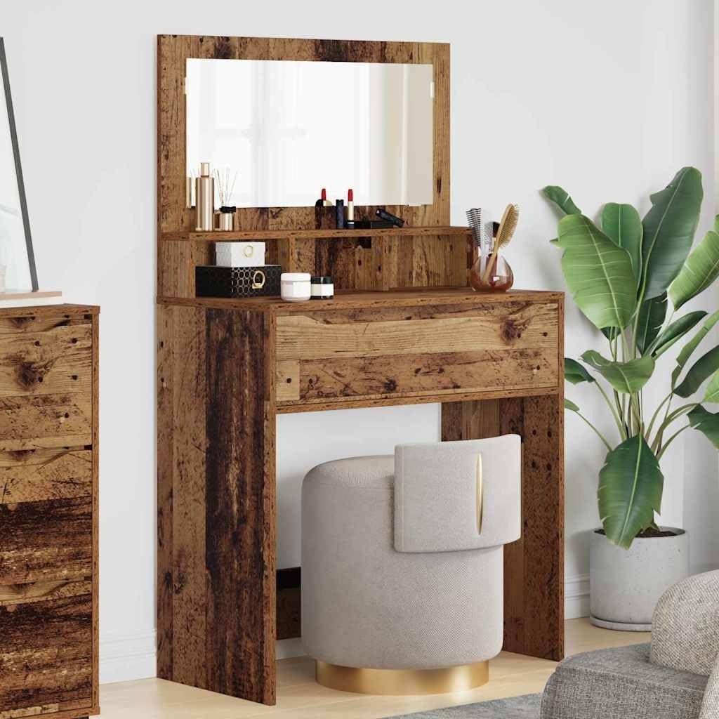 Modern Bedroom Dressing Table with Drawer, Old Wood Finish, 80x39.6x135cm, Engineered Wood Makeup Vanity Desk with Ample Storage and Plane Mirror