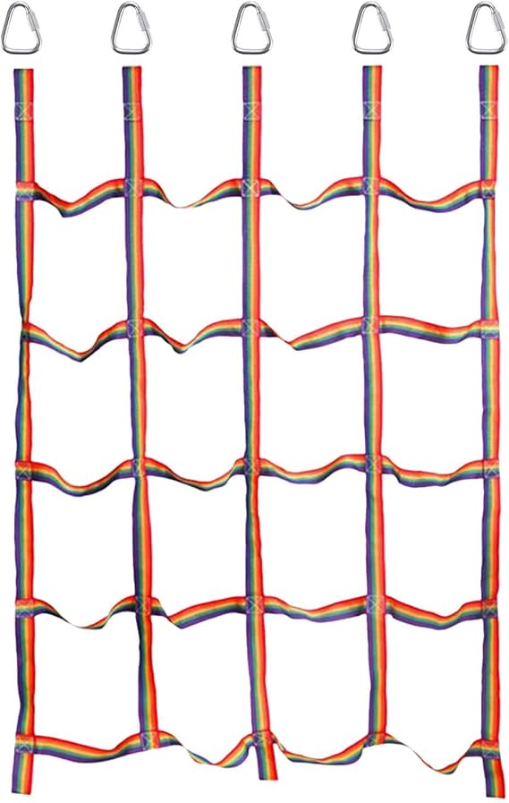 Climbing Cargo Net 145X185cm Nylon Kid Rainbow Webbing Net With 5 Triangular Portable Hooks Climbing Rope Ladder Playground Tree House Accessories For Kids More Than 250kg