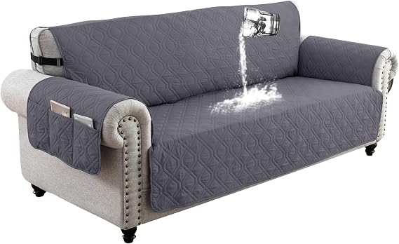 100% Waterproof Sofa Cover 3 Seater, Non-Slip Sofa Slipcover with 6 Side Pocket, Sofa Protector with Adjustable Elastic Strap for Kids, Dogs,Grey,3 Seater