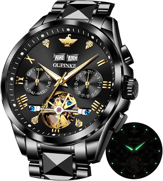 OUPINKE Automatic Mechanical Watch for Men Luxury Dress Tungsten Steel Luminous Waterproof Synthetic Sapphire Diamond Calendar Men