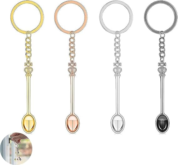4 PCS Mini Spoon Keyring, Small Tiny Spoons, Mini Crown Spoon Keychain, for Men Women Backpack Pendant Party Favors Ring (4 Colors)