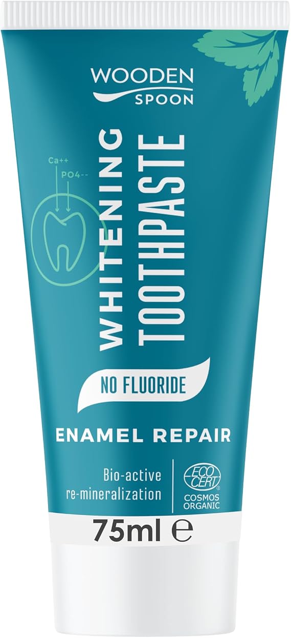 Wooden Spoon Organic Whitening and Remineralizing Toothpaste – Double Mint, Omyadent 100-OG, Aloe Vera, Arnica, Echinacea – Natural, Fluoride Free, 75 ml