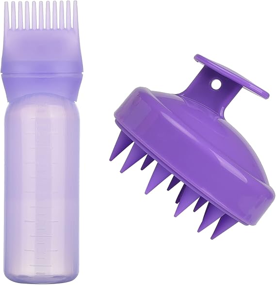 Root Comb Applicator Bottle with Scalp Massager Shampoo Brush Hair Coloring Dye and Scalp Treatment Tools (Purple)