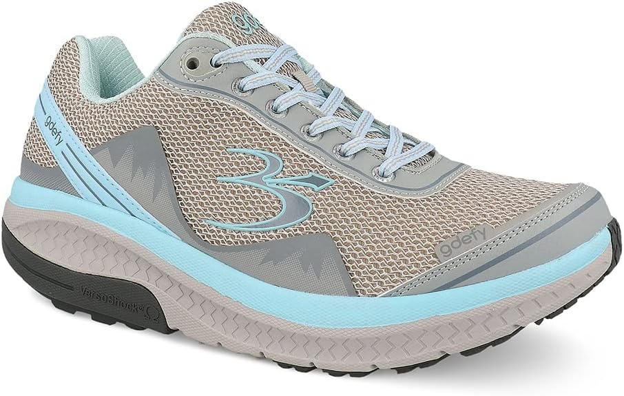 g-defy Mighty Walk レディース 整形外科用コンフォートシューズ 一日中立っている | VersoShock 衝撃吸収ソール | ワイドトゥボックス | サポート力のあるウォーキングシューズ, グレー、アクア。, 26.0 cm W