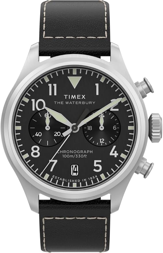 Timex Men's Waterbury Ace 41 mm Quartz Watch - Brown Leather Strap with Black Dial and Stainless Steel Case TW2Y19000