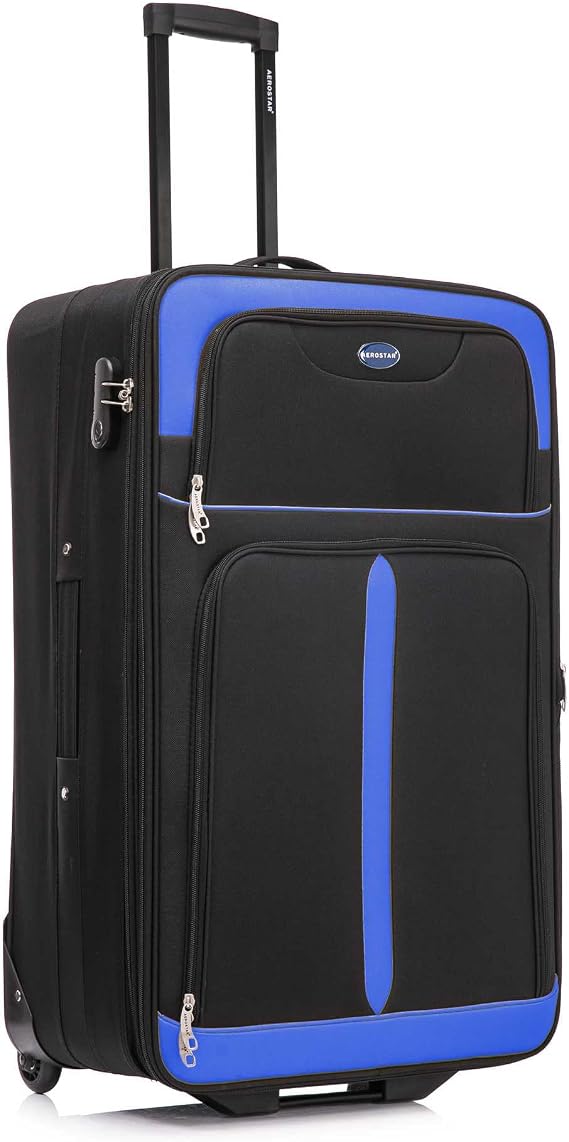 Aerostar Large 29” Lightweight Softshell Expandable Suitcase, Check in Luggage 2 Corner Wheels with Integrated Combination Lock (Black/Blue, 100 litres)