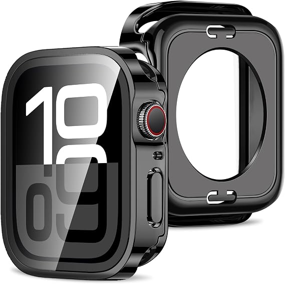 Amizee 2 in 1 Case [2-Pack] Compatible with Apple Watch Series 11/10 46mm with Built-in Screen Protector, Straight Edge Hard PC Full Body Protective Cover for iWatch 46mm, Black