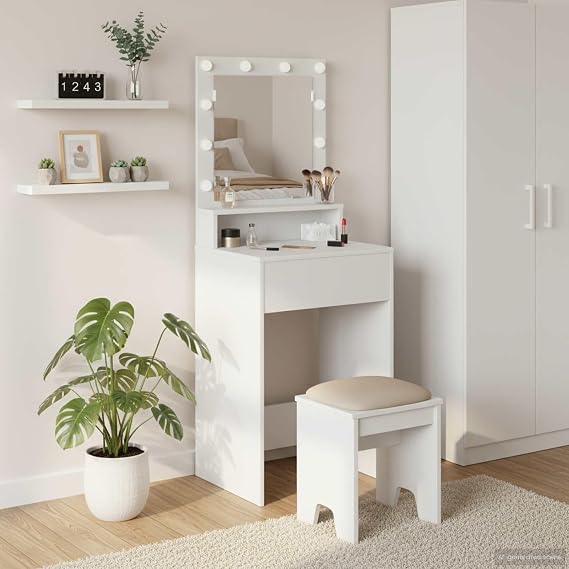 White Dressing Table, 50x41x135 cm Engineered Wood Vanity Desk with LED Mirror Lights, Storage Shelves, Modern Dresser for Bedroom