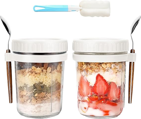 2 Pack Overnight Oats Containers with Lids and Spoons Glass Mason Jars 10 oz Airtight Breakfast Jars with Measurement Marks, Cereals, Milk, Fruit Salad （White）