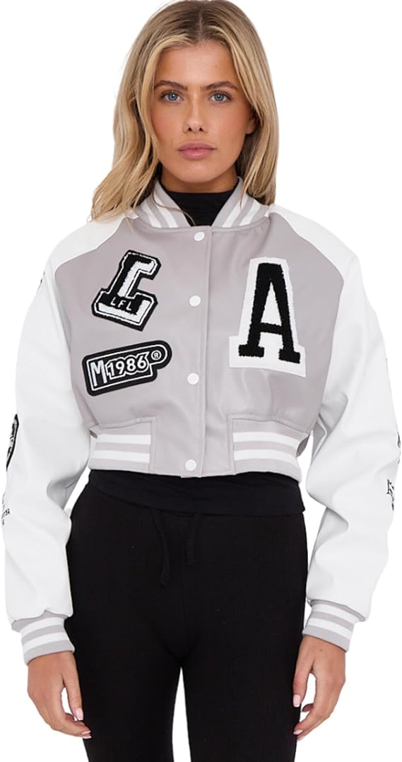janisramone® Cropped Leather Jacket for Women With Letter Details on Arms and Front, Faux Leather Varsity Baseball Bomber Jacket Women for Sports and Casual Wear