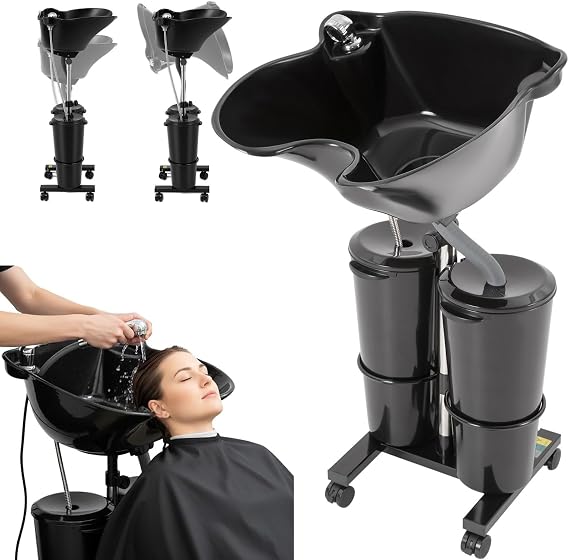 Portable Shampoo Basin, Height Adjustable Hair Washing Sink with 2 x 10L Buckets, Electric Pump, Drain Pipe, 4 Wheels, for Salon Barber Home Use and Limited Mobility, Black