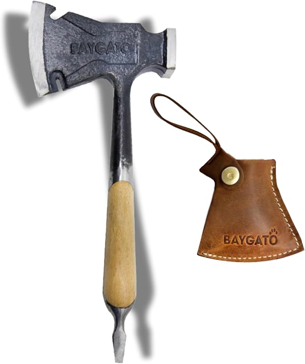 Çok Fonksiyonlu Kamp Baltası 27 cm - Yekpare Dövme Çelik Ahşap Saplı Deri Kılıflı Outdoor Balta