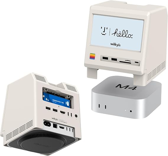 M5 Retro Docking Station for Mac mini M4, 5" HD Display, 10Gbps M.2 NVMe SSD Enclosure, SD/Micro SD Card Reader 4.0, 4X USB-A, 1x USB-C (10Gbps), 3.5mm Headphone Jack