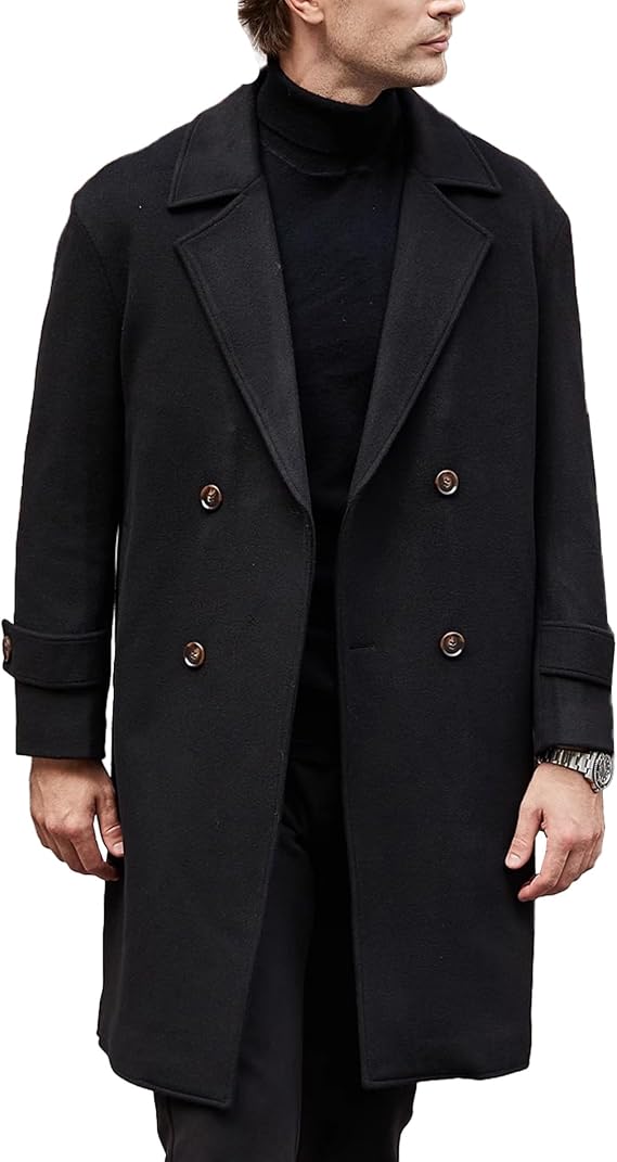 SOMTHRON Men's Winter Pea Coat Notched Lapel Double Breasted Trench Coat Windproof Long Jacket Overcoat