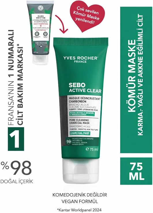 Yves Rocher Sebo Active Clear Kömür Maske, Karma ve Yağlı Ciltler İçin, 75 ml