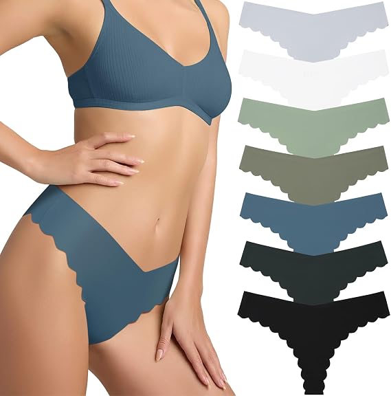 LEVAO Seamless Thongs for Women-No Show Underwear-Invisible Silky Panties- Sexy V-waisted Wavy Sides G-String Panties 7 Pack