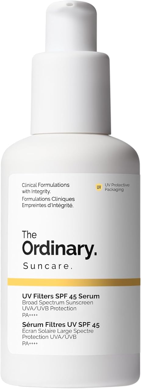 The Ordinary UV Filters SPF 45 Serum, lightweight hydrating broad-spectrum sunscreen, protects against UVA and UVB rays, compatible with makeup, no white cast, 60ml