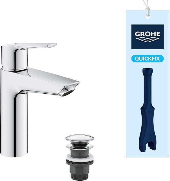 GROHE QUICKFIX Start - Wash Basin Mixer Tap with Click-Clack Push Waste Set (Metal Lever, Water Saving Technology, Easy to Install, Includes 3-in-1 Tool, Tails 3/8 Inch), Size 192 mm, Chrome, 24204002