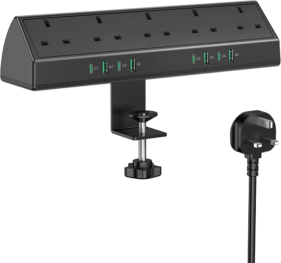 Jgstkcity Desk Clamp Power Socket, 45W USB-C Extension Lead, Black