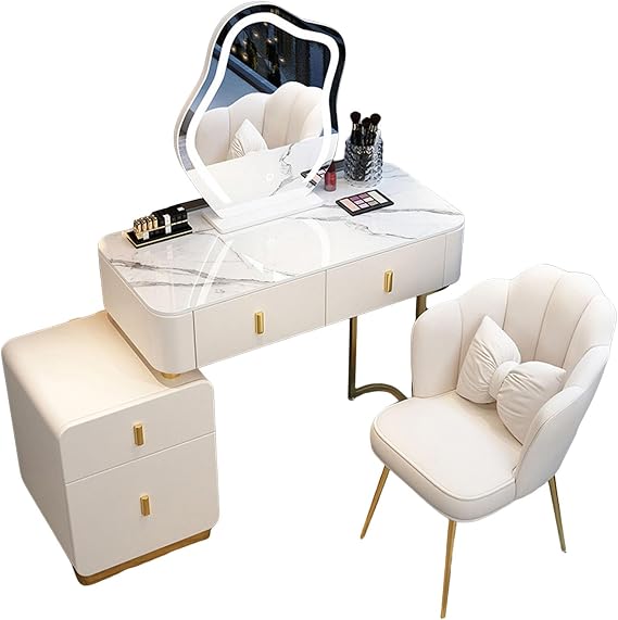Vanity Table Sets with LED Mirror and Sideboard with Drawers, 3 Color Touch Screen Dimming Mirror, Dressing Table for Makeup Room and Bedroom with Stool,White-gold-100cm