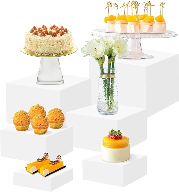 Buffet Risers-6 dimensions（3in+4in+5in+6in+7in+8in White Acrylic Food Risers, Dessert Table Display Set for Buffet Table, Acrylic Display Stands for Catering Dessert Jewelry Figures Show