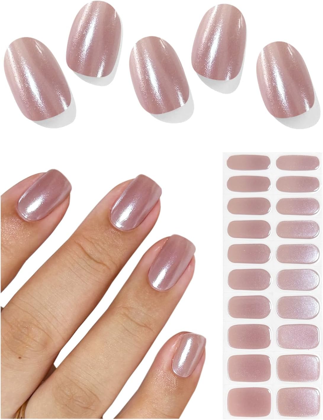 AutyaMee Semi Cured Gel Nail Strips (Chrome Lotus Root), Pearl, Glazed, 20 Pcs Gel Nail Wraps, Stickers, UV Light Required, Salon Quality, Long Lasting