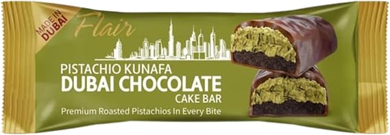 Katsy Style Flain Pistachio Kunafa Dubai Chocolate Cake Bar – Creamy Pistachio Blended with Luscious Chocolate, Perfect for a Sweet Snack Anytime, 28g