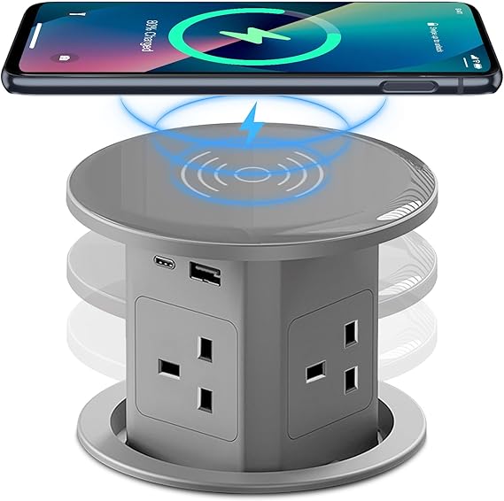 Pop Up Socket with 15W Wireless Charging - 4 AC Outlets, 1 USB Port, and 1 x 20W Type-C Port for Kitchen and Workspace, Overload Protection, Safe Power Solution [UK 13A / 110-250V / 2500W] (Grey)