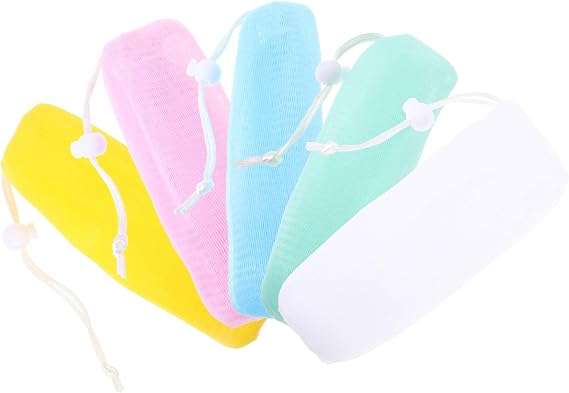 SOLUSTRE 5Pcs Soap Pouch Foam Net Set for Handmade Soap Multi-Color Scrubbing Net with Fine Bubbles Suitable for Face Cleansing and Bath Use