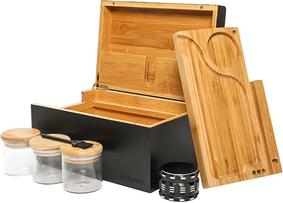 Large Bamboo Stash Box Combo with Accessories Bamboo Decorative Storage Box with Bamboo Rolling Tray, 3 Airtight Glass Jars, 1 Black Grinder and Cleaning Brush