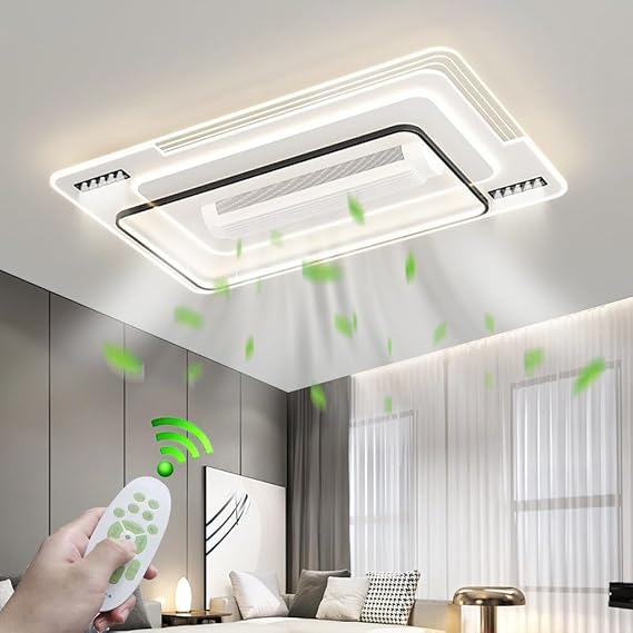 Low Profile Ceiling Fan with Light 110cm Modern Flush Mount Ceiling Fans with Remote Control Large geometric design Timing Dimmable Bladeless Fan for