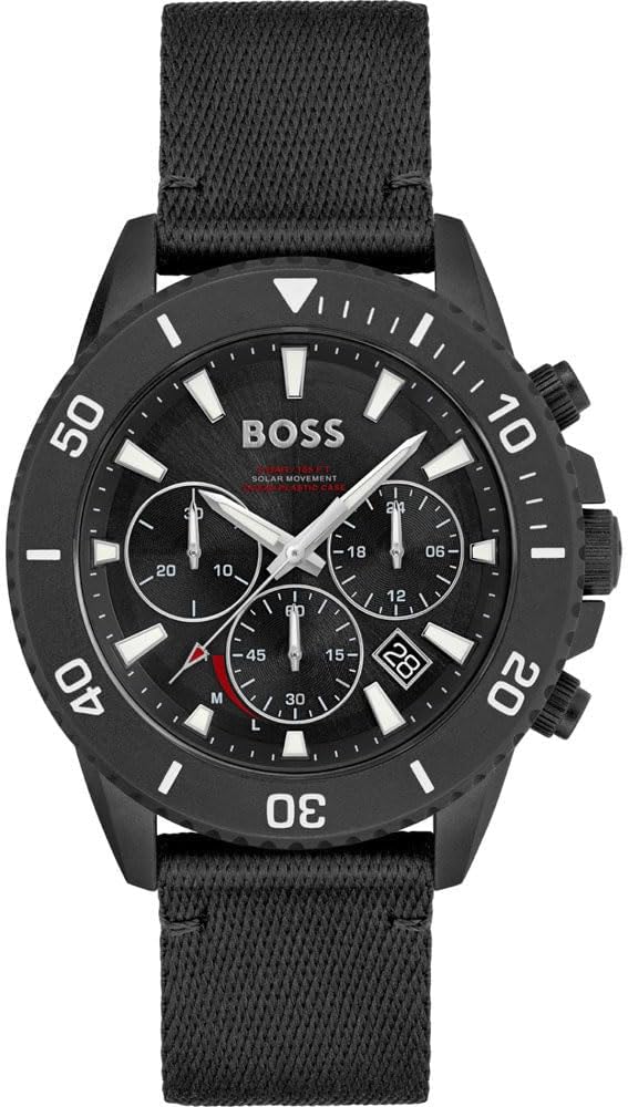 BOSS Men's 45mm Chronograph Quartz Watch Admiral Collection with Stainless Steel, Silicone or Ocean Plastic Textile Strap, Date Fuction and 3 Sub-Dials