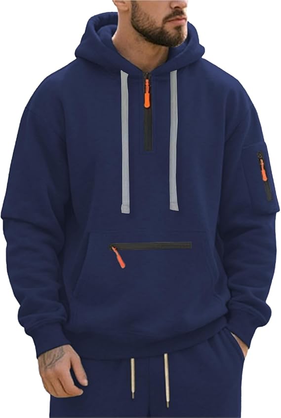 JFAN Men's Hoodie Basic Half Zip Front Pocket Casual Long Sleeve Sweatshirt
